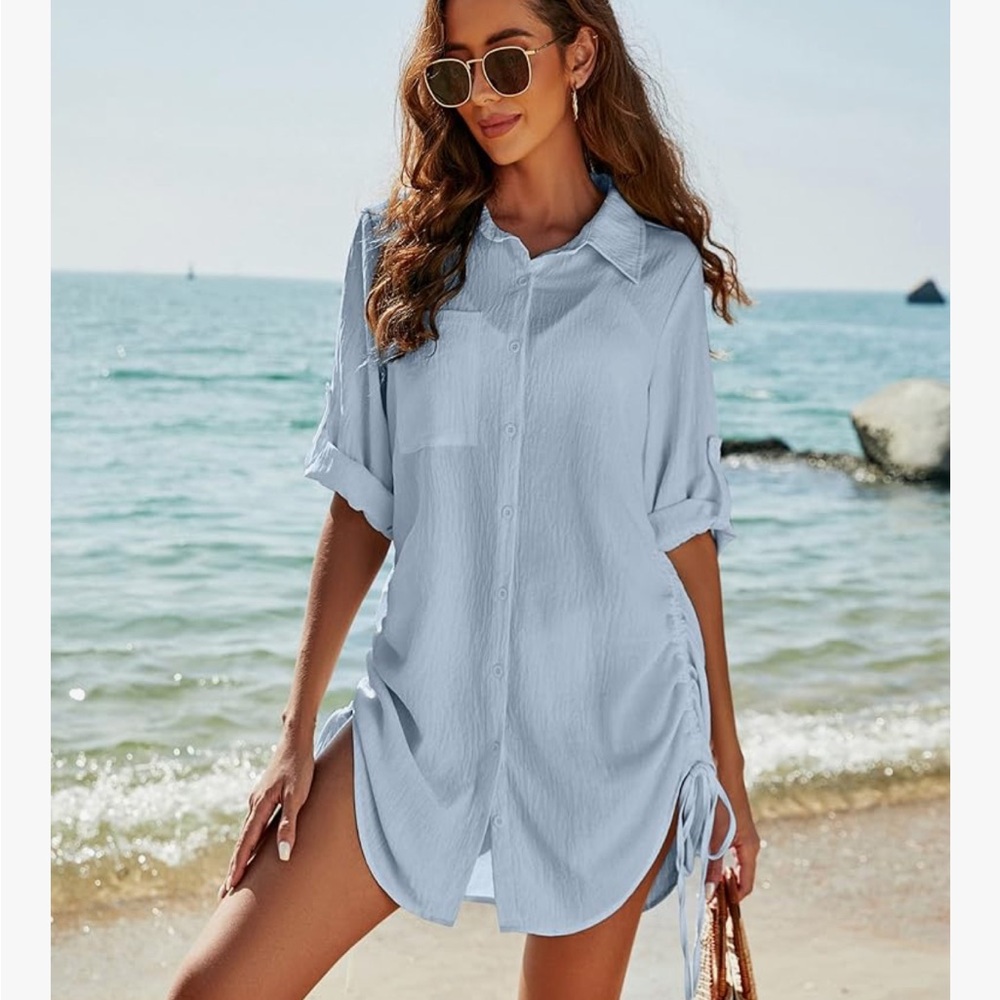 Light Blue Button-Up Swim Cover-Up - Picture 2 of 6